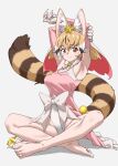  1girl animal_ear_fluff animal_ears animal_hands armpits arms_behind_head arms_up bare_legs bare_shoulders barefoot blonde_hair blush bow brown_hair claws commentary crossed_legs elbow_gloves feet full_body fur_collar gloves grey_background hair_between_eyes hair_ornament highres indian_style kemono_friends kemono_friends_v_project large-spotted_genet_(kemono_friends) leotard looking_to_the_side multicolored_hair orange_eyes paw_gloves pawpads pink_gloves pink_shirt shirt short_hair short_twintails sideways_glance simple_background sitting smile solo star_(symbol) star_hair_ornament striped_tail tail tanabe_(fueisei) toes twintails virtual_youtuber white_bow white_fur white_hair white_leotard 
