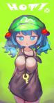  1girl absurdres blue_eyes blush bright_pupils chii_(tsumami_tsumamare) commentary dress english_text flat_cap green_background green_headwear hair_bobbles hair_ornament hat highres kawashiro_nitori key looking_at_viewer open_mouth red_eyes solo sweatdrop symbol-only_commentary touhou white_dress white_pupils 