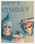  2boys cake food gojou_satoru happy_birthday hat icing itadori_yuuji jujutsu_kaisen looking_at_viewer male_focus multiple_boys napkin outline party_hat pointing qxq_illus round_eyewear signature sunglasses table twitter_username upper_body white_background white_outline 