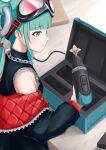  1girl aqua_eyes aqua_hair bare_shoulders black_jacket black_leotard blunt_bangs box brand_name_imitation commentary detached_sleeves down_jacket goggles goggles_on_head hatsune_miku highres holding_power_drill jacket leotard long_hair looking_at_object magical_mirai_(vocaloid) magical_mirai_miku magical_mirai_miku_(2023) makita_(brand) nekoinu_bamboo off_shoulder open_clothes open_jacket plectrum power_drill red_jacket ring_hair_ornament signature solo two-sided_fabric two-sided_jacket vocaloid wavy_mouth 