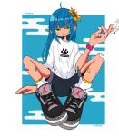  1girl ahoge air_jordan air_jordan_3 artist_name bandaid bandaid_on_arm bandaid_on_cheek bandaid_on_face bandaid_on_knee bandaid_on_leg black_footwear blue_background blue_hair blunt_bangs border cigarette clothes_writing cloud egasumi flower full_body green_eyes grey_footwear grey_shorts hair_flower hair_ornament hand_up highres holding holding_cigarette jitome knees_up long_hair looking_at_viewer nao97122 nike original outside_border paw_print shirt shoes short_sleeves shorts sitting smoking sneakers socks solo sunflower watch white_border white_shirt white_socks wristwatch yellow_flower 