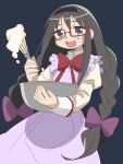  akemi_homura apron baking black_hair black_headband black_headwear blue_background blue_eyes bow bowl commentary dough happy headband highres holding holding_bowl holding_whisk ka-t long_hair low-tied_long_hair mahou_shoujo_madoka_magica open_mouth purple_apron purple_bow red-framed_eyewear red_ribbon ribbon school_uniform semi-rimless_eyewear simple_background whisk 