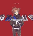  1boy black_jacket black_pants blue_eyes blue_footwear brown_hair character_name cowboy_shot dddagneo hands_in_pockets jacket kingdom_hearts kingdom_hearts_iii long_sleeves looking_at_viewer male_focus pants red_background shoes short_hair solo spiked_hair standing 