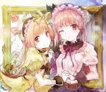  2girls atelier_(series) atelier_lydie_&amp;_suelle blonde_hair bow closed_mouth dress frills hairband holding_hands long_hair looking_at_viewer lydie_marlen multiple_girls one_eye_closed picture_frame pink_eyes pink_hair puffy_short_sleeves puffy_sleeves red_eyes short_sleeves siblings side_ponytail sisters smile suelle_marlen tatsukisan twins yellow_bow 