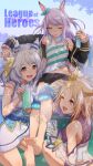  3girls adapted_costume animal_ears aqua_bow bare_shoulders barefoot blonde_hair bow breasts brown_eyes collarbone dated ear_covers ear_ornament english_text flat_chest grey_hair highres hishi_miracle_(umamusume) horse_ears horse_girl large_breasts light_purple_hair long_hair medium_breasts mejiro_mcqueen_(umamusume) multiple_girls narita_top_road_(umamusume) one_eye_closed open_mouth purple_eyes shinmai_(kyata) short_hair smile twitter_username umamusume yellow_eyes 