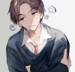  1boy @_(symbol) absurdres averting_eyes bishounen blue_sweater blush brown_eyes brown_hair character_request collarbone collared_shirt crossed_arms forehead highres long_sleeves male_focus necktie parted_bangs parted_lips red_necktie school_uniform shadow shirt short_hair sidelocks simple_background skip_to_loafer solo sweat sweater u-sama_(u_summer0719) upper_body white_background white_shirt 