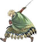  1boy black_gloves blonde_hair boots brown_footwear cloak from_side full_body gate_of_nightmares gloves green_cloak green_eyes holding holding_sword holding_weapon looking_at_viewer mashima_hiro official_art oliver_(gate_of_nightmares) rapier short_hair simple_background solo sword transparent_background weapon 