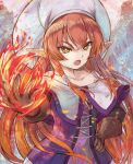  1girl bare_shoulders brown_eyes brown_gloves brown_hair collarbone commentary_request dress fang fire gloves hand_on_own_hip hat helck highres hikari_niji jacket looking_at_viewer off-shoulder_jacket off_shoulder open_mouth pointy_ears purple_dress purple_jacket pyrokinesis solo thick_eyebrows v-shaped_eyebrows vamirio white_headwear 