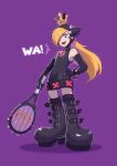  1girl bare_shoulders black_dress black_footwear black_gloves blonde_hair boots bracelet broom crown dress elbow_gloves full_body gloves hair_over_one_eye hand_on_own_hip highres holding_tennis_racket hooded_dress jewelry knee_boots long_hair looking_at_viewer mario_(series) mario_power_tennis mario_tennis open_mouth purple_background saiwo_(saiwoproject) simple_background sleeveless sleeveless_dress solo spiked_bracelet spikes warupeach 