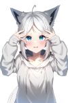  1girl absurdres alternate_hairstyle amato_0321 animal_ears blue_eyes fang fox_ears fox_girl highres hololive hood hood_down hoodie long_hair long_sleeves parted_bangs shirakami_fubuki unhappy virtual_youtuber white_background white_hair white_hoodie 