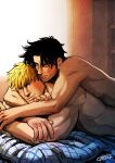  2boys arms_around_neck backlighting bara beard_stubble black_hair blonde_hair couple cris_art cuddling hand_on_another&#039;s_arm heads_together hulkling long_sideburns lying lying_on_person male_focus marvel multiple_boys nude on_bed on_stomach short_hair sideburns sideburns_stubble smile thick_eyebrows toned toned_male upper_body wiccan yaoi 