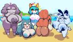  &lt;3 alcremie anthro beach big_breasts big_butt blue_body blush breasts bunny_costume butt clothing costume cubesmolly eyes_closed female generation_1_pokemon generation_3_pokemon generation_8_pokemon genitals group indeedee kirlia nintendo pokemon pokemon_(species) purple_body pussy red_body seaside snorlax surprise tail trio vulpix white_body 