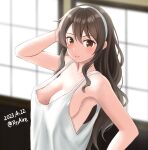  1girl ame-san armpits ashigara_(kancolle) blurry blurry_background breasts brown_eyes brown_hair hairband highres kantai_collection looking_at_viewer smile solo twitter_username upper_body wavy_hair white_hairband 