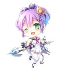  1girl ;d anchor azur_lane bare_shoulders black_footwear chibi crown dress full_body green_eyes gyaza hair_ornament holding holding_polearm holding_weapon javelin_(azur_lane) leg_up long_hair mini_crown neckerchief one_eye_closed polearm ponytail purple_hair red_neckerchief rigging sailor_dress sleeveless sleeveless_dress smile solo standing standing_on_one_leg thighhighs weapon weapon_behind_back white_background white_dress white_thighhighs 