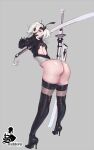  1girl 2b_(nier:automata) absurdres arched_back artist_logo artist_name ass back_cutout black_blindfold black_hairband black_leotard blindfold blindfold_lift blue_eyes blush boots breasts clothing_cutout commentary eyelashes feather-trimmed_sleeves from_behind full_body grey_background grey_hair hairband hand_on_own_face high_heel_boots high_heels highres holding juliet_sleeves katana leotard long_sleeves looking_back medium_breasts medium_hair nier:automata nier_(series) no_pants open_mouth puffy_sleeves simple_background skindentation solo squishhee sword thigh_boots thighhighs thighhighs_under_boots thong_leotard two-tone_leotard virtuous_contract weapon white_leotard 