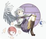  1girl boots brown_footwear cross-laced_footwear dress feathered_wings full_body grey_hair jacket kishin_sagume knee_boots lace-up_boots long_sleeves nama_udon open_clothes open_jacket open_mouth orb purple_dress red_eyes short_hair single_wing solo touhou white_jacket white_wings wings yin_yang yin_yang_orb 