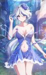  1girl ahoge alternate_costume bare_shoulders blue_dress blue_eyes blurry blurry_background blush breasts city cleavage collarbone cowboy_shot dress furina_(genshin_impact) genshin_impact grey_hair hair_between_eyes hair_ornament hand_up highres hydrokinesis large_breasts light_particles long_hair looking_at_viewer midriff multicolored_hair navel outdoors parted_bangs parted_lips sidelocks solo strapless strapless_dress two-tone_hair water yeni1871 