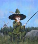  1boy absurdres elainma flower grass green_headwear green_pants green_shirt hat hat_flower highres landscape moomin pants scarf shirt sketch smoke smoking smoking_pipe snufkin solo squatting windmill yellow_scarf 