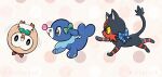  black_eyes blue_bow bow bright_pupils commentary green_bow litten no_humans pokemon pokemon_(creature) polka_dot polka_dot_background polka_dot_bow popplio rowlet starter_pokemon_trio striped striped_bow watermark white_pupils yajuuraku 