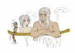  2boys ? alternate_hairstyle animal blush brothers collarbone dark_souls_(series) dark_souls_i dark_souls_iii dark_sun_gwyndolin grey_hair highres long_hair multiple_boys nameless_king no_headwear siblings smile snake speech_bubble teeth translation_request wet zunkome 