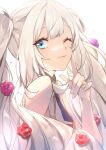  1girl absurdres bare_shoulders blue_eyes closed_mouth fate/grand_order fate_(series) flower hair_flower hair_ornament highres light_blush light_smile long_hair looking_at_viewer marie_antoinette_(fate) marie_antoinette_(third_ascension)_(fate) no-kan no_headwear one_eye_closed red_flower simple_background sleeveless solo sparkle twintails very_long_hair white_background white_hair 