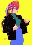  1girl 2022 alternate_costume alternate_hair_length alternate_hairstyle artist_name black_jacket blue_eyes blue_pants dated earrings expressionless gundam gundam_suisei_no_majo high_ponytail holding holding_clothes jacket jewelry long_hair pants red_hair simple_background solo suletta_mercury sweater very_long_hair yellow_background yuri_kyanon 