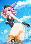  1girl ass bare_shoulders beret black_one-piece_swimsuit blue_sky blush breasts bright_pupils cleavage cleavage_cutout clothing_cutout cloud fate/grand_order fate_(series) gloves guriguri_(arayotto4351) hat head_wings highleg highleg_swimsuit hildr_(fate) hildr_(swimsuit_assassin)_(fate) large_breasts looking_at_viewer medium_hair one-piece_swimsuit one_eye_closed open_mouth pink_hair red_eyes sandals sideboob sky sleeveless smile solo sunlight swimsuit thigh_strap thighs valkyrie_(fate) water white_pupils wings 