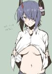  1girl artist_name breasts clenched_teeth collared_shirt dated dress_shirt eyepatch grey_background headgear highres kantai_collection large_breasts navel purple_hair shirt short_hair simple_background solo taira_yuuki teeth tenryuu_(kancolle) underboob upper_body white_shirt yellow_eyes 