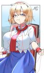  1girl alice_margatroid armband armlet blonde_hair blue_dress blue_eyes chair closed_mouth dress frilled_armband frills headband kaitojaja19980520 long_eyelashes looking_at_viewer necktie red_necktie sitting thread touhou white_background white_headband 