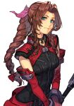  1girl aerith_gainsborough black_bodysuit black_choker blue_eyes bodysuit bow braid braided_ponytail breasts brown_hair choker closed_mouth cowboy_shot drill_hair elbow_gloves final_fantasy final_fantasy_vii final_fantasy_vii_ever_crisis gloves hair_bow hair_ribbon holding holding_staff hungry_clicker long_hair looking_at_viewer medium_breasts official_alternate_costume parted_bangs pink_ribbon red_bow red_gloves ribbon side_drill sidelocks simple_background solo staff standing twin_drills white_background zipper_pull_tab 