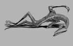  ambiguous_gender anthro eyeless flexible hi_res lying meandraco monochrome monster on_side shadow simple_background solo 