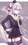  1girl amatsukaze_(kancolle) amatsukaze_(kancolle)_(cosplay) amatsukaze_kai_ni_(kancolle) amatsukaze_kai_ni_(kancolle)_(cosplay) black_choker black_dress breasts choker commentary_request cosplay cowboy_shot dated dress fuyutsuki_(kancolle) garter_straps gloves grey_background grey_eyes grey_hair grey_neckerchief hand_on_own_hip highres kabocha_torute kantai_collection long_hair medium_breasts neckerchief one_side_up sailor_collar sailor_dress single_glove solo striped striped_thighhighs text_background thighhighs twitter_username white_gloves white_sailor_collar 