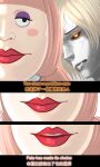  1boy 1girl blonde_hair charlotte_chiffon chinese_text cigarette closed_mouth curly_eyebrows english_text fang hair_over_one_eye highres lipstick long_hair makeup one_piece open_mouth pink_hair red_lips sanji_(one_piece) short_twintails twintails yoursisters 