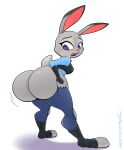  2023 absurd_res anthro artist_name big_butt breasts buckteeth butt clothing disney female fur grey_body grey_fur grey_hair hair hi_res huge_butt hyper hyper_butt hyperflannel judy_hopps lagomorph leporid looking_back looking_down mammal mooning motion_lines open_mouth pink_nose presenting presenting_hindquarters pulling_up_pants purple_eyes rabbit scut_tail shaking_butt short_tail solo solo_focus tail teeth thick_thighs wide_hips zootopia 