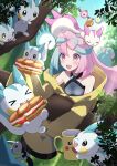 &gt;_&lt; 1girl :d absurdres alternate_color basket blush breasts character_print commentary_request cup day eating eyelashes food green_hair grey_shirt hanging haru_(haruxxe) highres iono_(pokemon) jacket long_hair mug multicolored_hair open_mouth outdoors pachirisu pikachu pink_hair pokemon pokemon_(creature) pokemon_(game) pokemon_sv purple_eyes sandwich shiny_pokemon shirt sky sleeveless sleeveless_shirt smile teeth tongue tree two-tone_hair upper_teeth_only yellow_jacket 