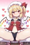  1girl black_bra black_panties blonde_hair bra closed_mouth collared_shirt crystal flandre_scarlet hair_between_eyes hat heart highres long_hair mob_cap navel one_side_up panties red_eyes red_footwear rizento shirt shoes short_sleeves socks solo spread_legs squatting touhou underwear white_headwear white_shirt white_socks wings 