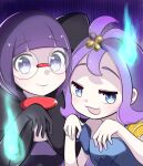  2girls acerola_(pokemon) amatsubu_(666_ama2) black_bow blunt_bangs bob_cut bow dress glasses hair_ornament large_bow medium_hair multiple_girls off-shoulder_dress off_shoulder pokemon pokemon_(game) pokemon_bw pokemon_sm purple_eyes purple_hair round_eyewear shauntal_(pokemon) short_hair short_sleeves 