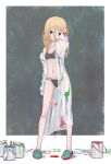  1girl alice_gear_aegis black_bra black_panties blonde_hair blue_eyes bra coat crocs flat_chest highres kng_pluie miyaminami_hikari paint paint_can paintbrush panties see-through shoes solo underwear 