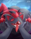  ambiguous_gender anthro bodily_fluids butt canid canine claws digital_drawing_(artwork) digital_media_(artwork) fawe fur generation_5_pokemon hair hi_res mammal nintendo open_mouth petting pokemon pokemon_(species) saliva shaded signature simple_background solo teeth tongue tongue_out zoroark 