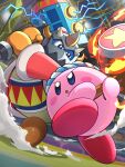  1boy 1other absurdres blue_hair cage fighting fire flaming_weapon from_below gonzarez hammer headband highres holding holding_hammer in_cage king_dedede kirby kirby_(series) lightning mask parted_lips striped_headband 