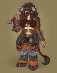  2023 3_fingers anthro arm_markings arm_wraps armor athletic athletic_anthro athletic_female bandeau belly belly_markings blindfold blizzard_entertainment bottomwear bovid bovine bracers breast_markings breasts brown_body brown_fur brown_hair chest_markings clothed clothing facial_markings female fingers fur hair hair_over_eyes hammer head_markings hi_res hooves horn mammal markings navel shorts skye3337 smile solo standing tauren tools topwear warcraft wraps 