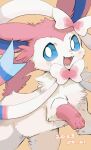  2023 4_toes ambiguous_gender big_ears blue_eyes blue_inner_ear bow_(feature) colored cute_fangs digital_media_(artwork) ear_bow eeveelution fangs feet feral fluffy fur generation_6_pokemon hi_res ineka kemono leg_markings leg_tuft looking_at_viewer mammal markings monotone_tail multicolored_body multicolored_ears multicolored_fur neck_bow nintendo no_sclera open_mouth open_smile pink_body pink_ears pink_fur pink_tail pink_tongue pokemon pokemon_(species) portrait pupils quadruped shaded side_view signature simple_background smile socks_(marking) solo standing sylveon tail teeth three-quarter_portrait three-quarter_view toes tongue tuft two_tone_body two_tone_ears two_tone_fur white_body white_fur white_pupils yellow_background 