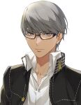  1boy black-framed_eyewear black_jacket closed_mouth collared_shirt glasses grey_eyes grey_hair hair_between_eyes isa_(peien516) jacket looking_at_viewer male_focus narukami_yuu open_clothes open_jacket persona persona_4 school_uniform shirt simple_background solo upper_body white_background white_shirt yasogami_school_uniform 