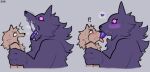  &lt;3 anthro biped blush canid canine canis duo exclamation_point extreme_french_kiss female french_kissing grey_background hi_res kissing larger_female male mammal open_mouth pink_sclera purple_body question_mark simple_background size_difference speech_bubble sususuigi tongue tongue_out wolf 