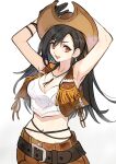  1girl alpaca_carlesi armpits arms_up bare_shoulders belt belt_buckle black_belt black_gloves black_hair bracelet breasts brown_headwear brown_shirt brown_vest buckle cleavage commentary cowboy_hat crisis_core_final_fantasy_vii crop_top earrings final_fantasy final_fantasy_vii final_fantasy_vii_remake gloves gradient_background hair_behind_ear hair_ornament hat highres jewelry large_breasts long_hair midriff navel official_alternate_costume open_mouth red_eyes shirt solo swept_bangs symbol-only_commentary tifa_lockhart upper_body vest white_shirt 