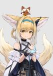  1girl animal_ears animal_on_head arknights bare_shoulders black_gloves blonde_hair braid braided_hair_rings cat cat_on_head colored_tips commentary_request creature crossover dress earpiece felyne fox_ears fox_girl fox_tail frilled_sleeves frills gloves grey_background hair_between_eyes hair_rings highres holding holding_creature kitsune kyuubi monster_hunter_(series) multicolored_hair multiple_tails on_head oyatsuming parted_lips poogie simple_background single_glove suzuran_(arknights) tail teeth two-tone_hair upper_body white_hair 
