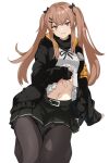  1girl :3 belt black_gloves black_jacket black_pantyhose black_ribbon black_skirt breasts brown_hair clothes_lift commentary english_commentary fingerless_gloves girls&#039;_frontline gloves hair_between_eyes hair_ornament hair_ribbon hairclip highres jacket kneeling lifted_by_self light_blush long_hair looking_at_viewer midriff mutugorou_u navel neck_ribbon pantyhose pleated_skirt red_eyes ribbon scar scar_across_eye scar_on_face seiza shirt shirt_lift sitting skirt smile solo twintails ump9_(girls&#039;_frontline) white_shirt 
