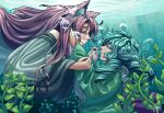  2girls absurdres animal_ears bare_shoulders blue_hair brown_hair bubble closed_eyes commentary dated drill_hair drill_sidelocks english_commentary green_kimono highres hippppodraw holding_hands imaizumi_kagerou japanese_clothes kimono long_hair medium_hair multiple_girls plant sidelocks signature touhou underwater wakasagihime wolf_ears wolf_girl yuri 