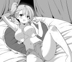  1girl :d bare_arms bare_legs bed_sheet blush candy collarbone commentary_request curtains denim denim_shorts fang feet_out_of_frame food hair_between_eyes highres holding holding_candy holding_food holding_lollipop lollipop looking_at_viewer lying monochrome navel on_back open_fly open_mouth original pillow sanshoku_amido shorts side_ponytail smile solo tank_top thighs white_tank_top 
