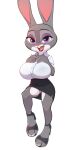  absurd_res anthro biped bottomwear breasts clothed clothing disney female footwear grey_body hi_res high_heels judy_hopps lagomorph leporid looking_at_viewer mammal open_mouth purple_eyes rabbit shirt simple_background siroc skirt solo topwear white_background white_body zootopia 